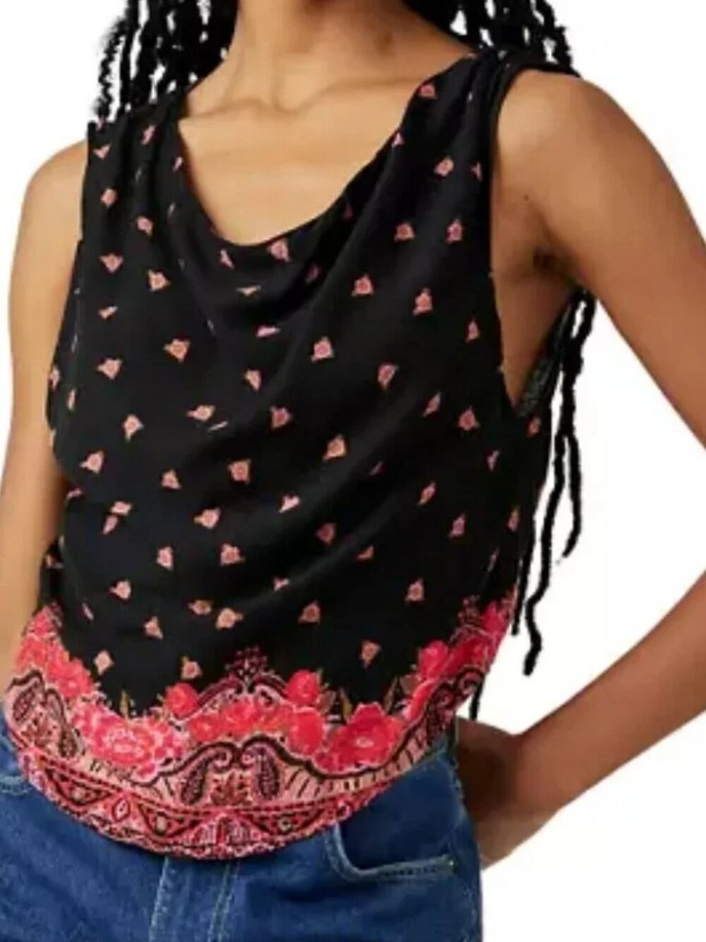 NWT Free People Silas Floral Printed Cowl Top Black Combo Womens Medium